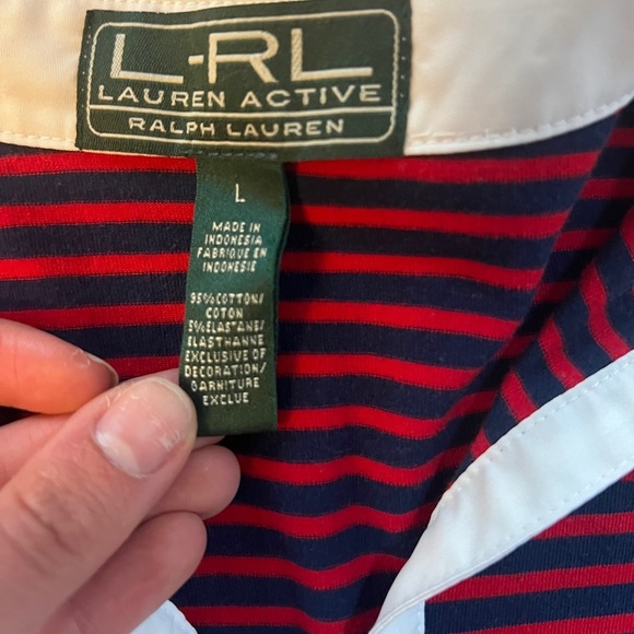 Lauren Activewear Ralph Lauren Red & Navy Striped Collared Shirt Size Large - Picture 4 of 5